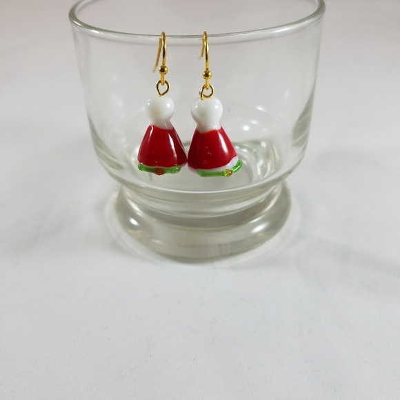 Hand Crafted Earrings Santa Hat Red White Green Pierced Dangle - Picture 2 of 5